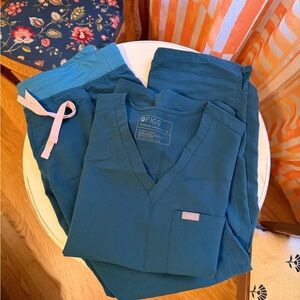 Figs Women's Blue Scrub Set with Pink Accent